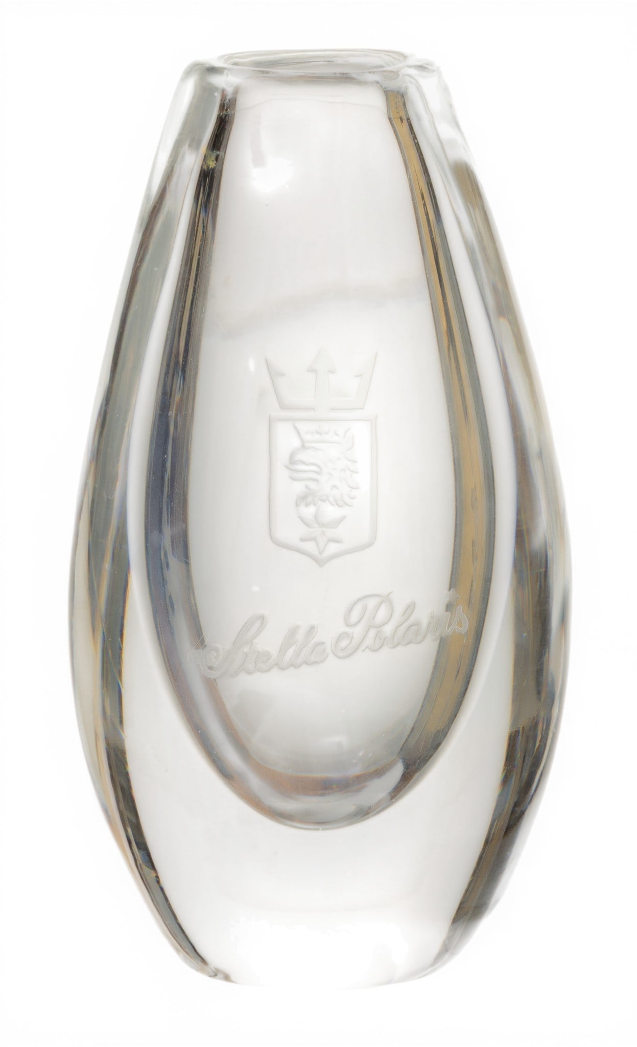 Vicke Lindstrand, (Swedish) Orrefors (Swedish) Stella Polaris Crystal Vase 1930, H 4.5" 1 PC: Vicke Lindstrand, (Swedish) Orrefors (Swedish) Stella Polaris Crystal Vase 1930, H 4.5" 1 PC Engraved Stella Polaris on front. Hand blown. Smooth pontel. Miniature. Dimensions: H 4.5" 1 PC