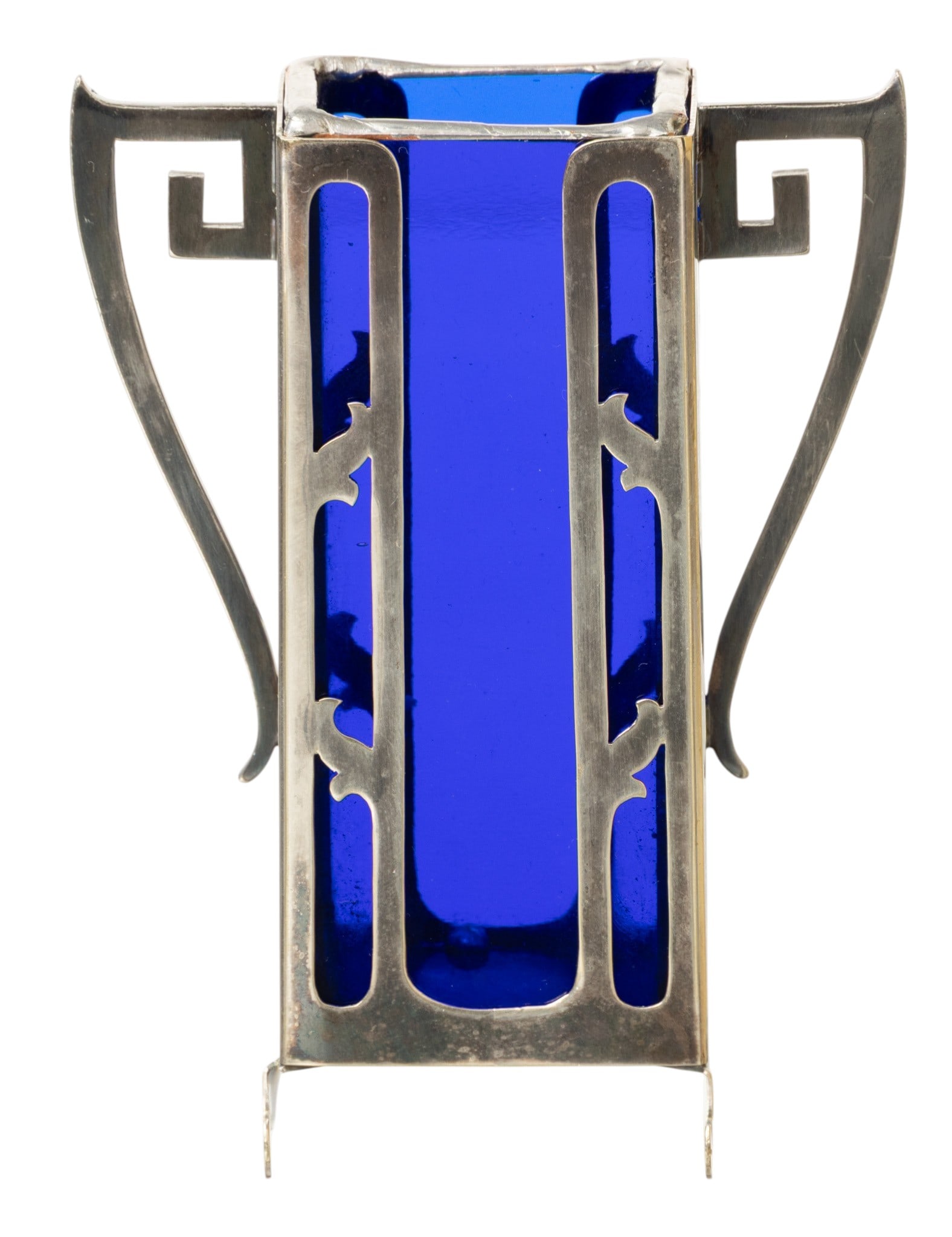 Pairpoint (American) Art Nouveau Style Silverplate and Cobalt Glass Bud Vase, H 4.25" W 3": Pairpoint (American) Art Nouveau Style Silverplate and Cobalt Glass Bud Vase, H 4.25" W 3" Cobalt glass bud vase with silverplate edges. Slides into a silver plate double handle frame. Marked on the u