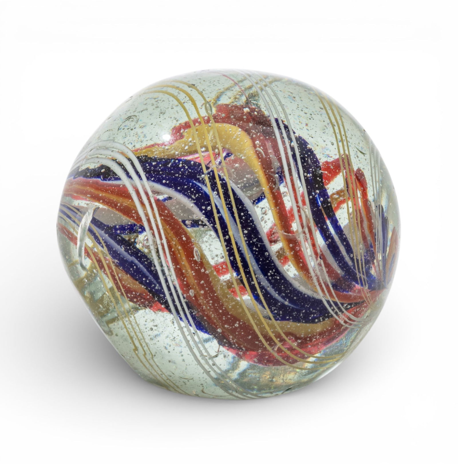 Vintage Ribbon Swirl Paper Weight, Round 1900 Depth 1.5" 1 PC: Vintage Ribbon Swirl Paper Weight, Round 1900 Depth 1.5" 1 PC Small blown glass paperweight. Red, blue and yellow ribbons with narrow white stripes near surface. Provenance: Property of a Promi