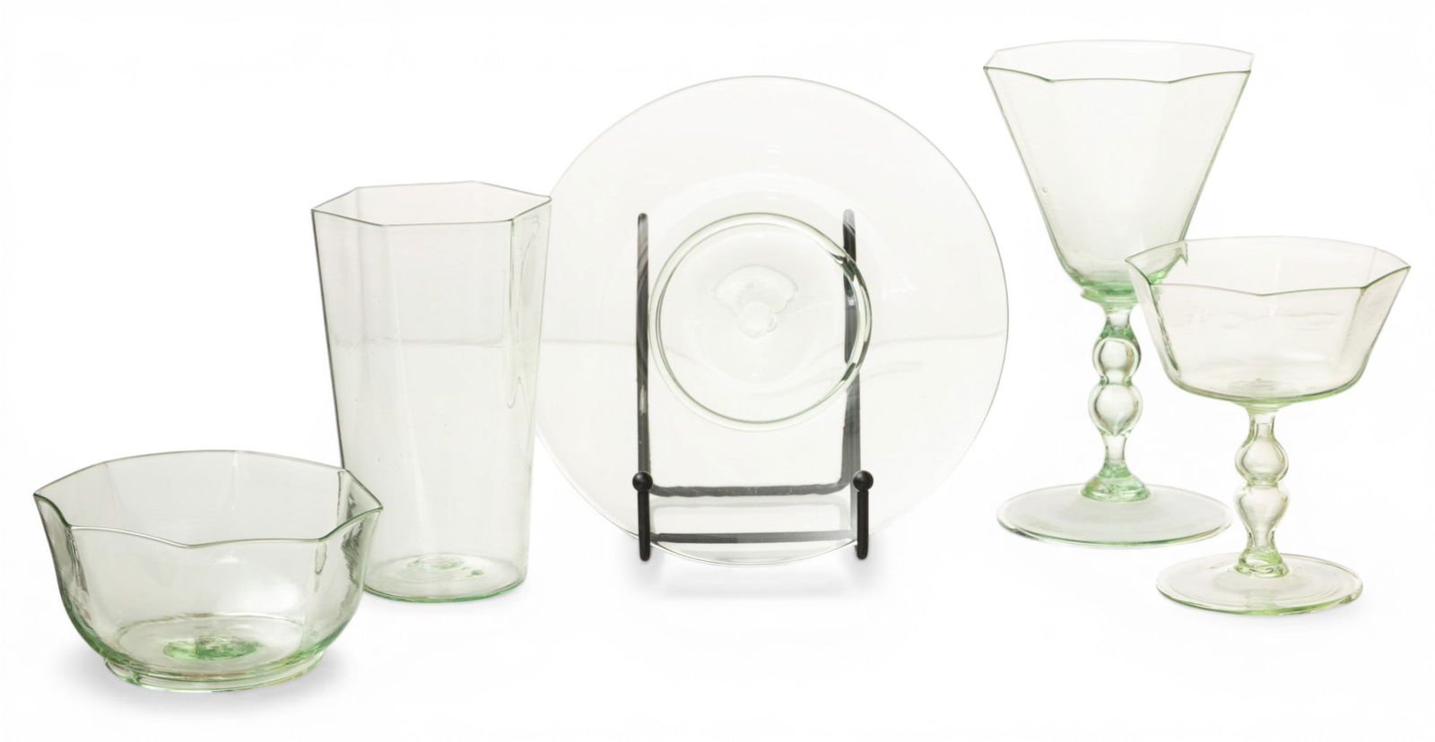 Venetian Blown Glass Green Stemware Set, 20th C., 54 PCS: Venetian Blown Glass Green Stemware Set, 20th C., 54 PCS 54 pieces comprising 15 glasses (flat tumblers) H 5", 8 sherbets, 11 wine glasses (goblets) 6.5", 9 dessert plates, 11 berry or finger bowls W