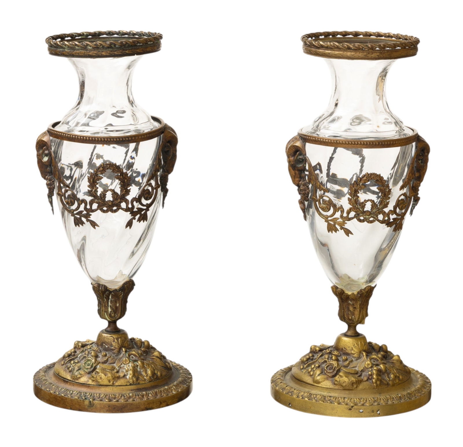French Napoleon III Crystal and Bronze Epergnes, Late 19th C., H 10" Dia. 3.5" 1 PAIR: French Napoleon III Crystal and Bronze Epergnes, Late 19th C., H 10" Dia. 3.5" 1 PAIR A fine pair of hand blown crystal urns. Each on a bold bronze spreading rim food with relief vintage motif. Matchi