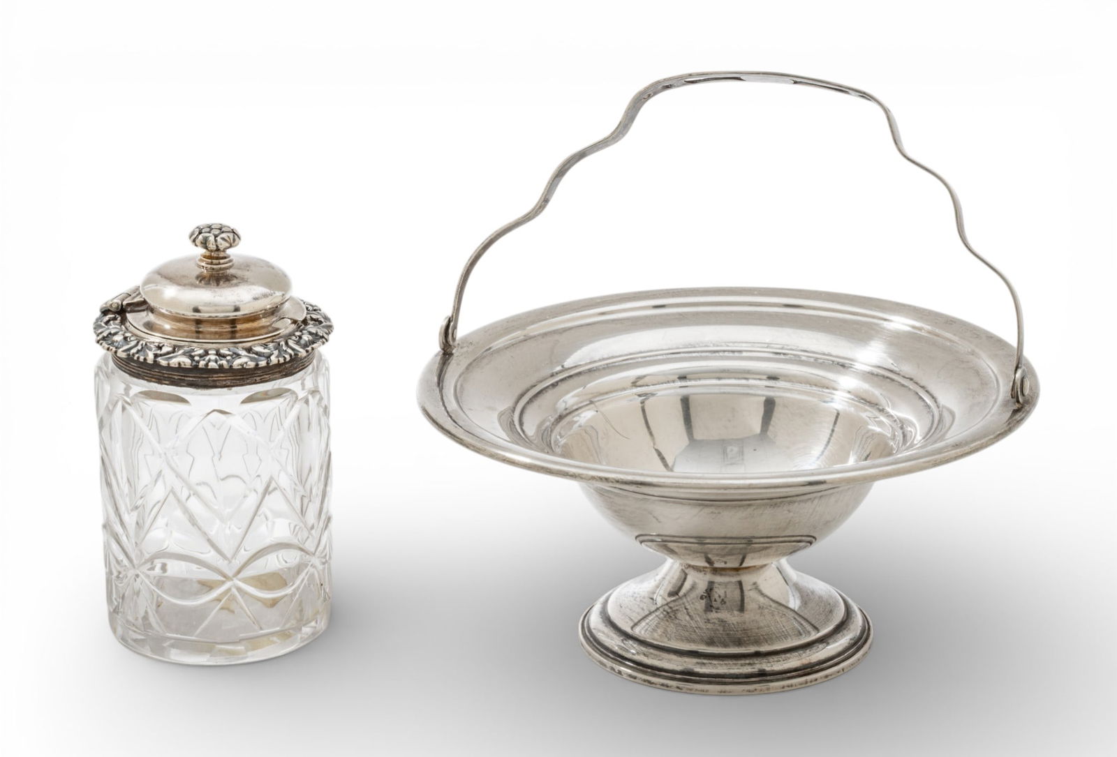 Sterling Silver 'Basket + Sterling & Crystal Mustard Pot by Emes &', Barnard 1826 H 6" Dia. 6" 2 PCS: Sterling Silver 'Basket + Sterling & Crystal Mustard Pot by Emes &', Barnard 1826 H 6" Dia. 6" 2 PCS Sterling silver pedestal base basket with swing handle, weighted base. #10249 by International Silv