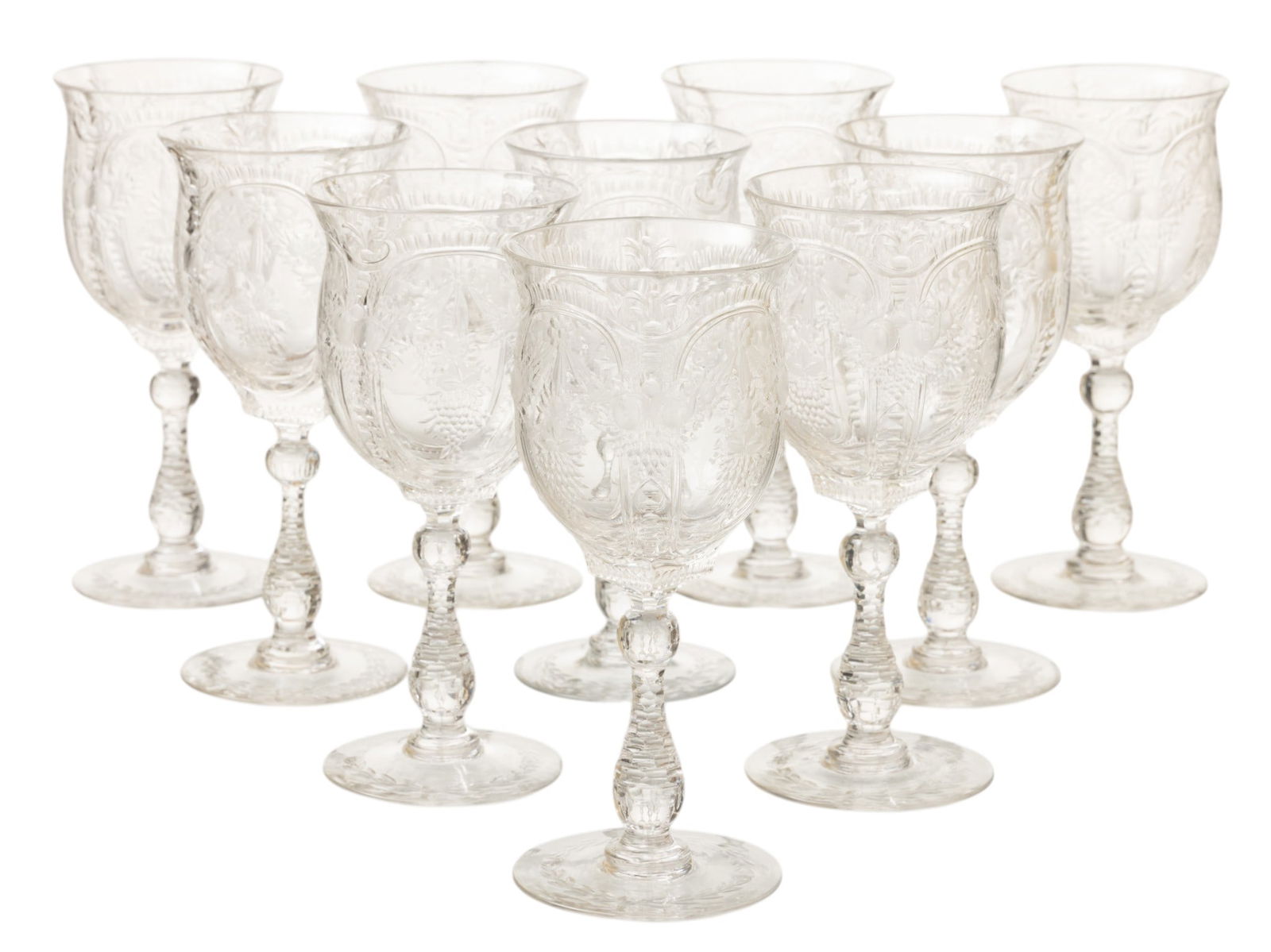 Thomas Webb & Sons Cameo Etched Crystal White Wine Stemware, Ca. 1901, H 7" Dia. 3.25" 10 PCS: Thomas Webb & Sons Cameo Etched Crystal White Wine Stemware, Ca. 1901, H 7" Dia. 3.25" 10 PCS A finely etched and cameo cut crystal stemware matching service. Each having the undermarked "Webb" acid e
