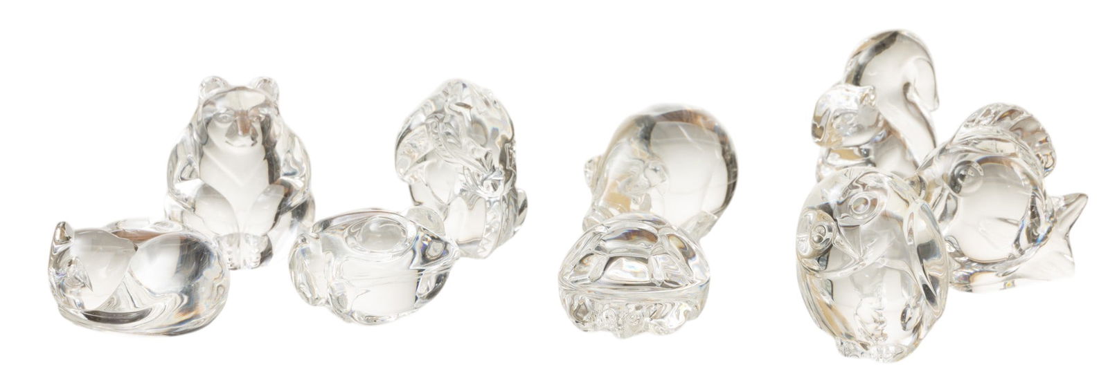 Steuben Glass Works (American) Animal-form Hand Coolers H 1.5" to 3" 9 PCS: Steuben Glass Works (American) Animal-form Hand Coolers H 1.5" to 3" 9 PCS Each inscribed Steuben at the undersides. Collection of clear glass hand coolers. Turtle, frog, squirrel, owl, cat, fish (2),