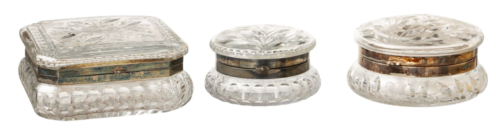 American Cut Crystal Covered Boxes, Ca. 1890, H 3.25" W 6.5" L 6.5" 3 PCS: American Cut Crystal Covered Boxes, Ca. 1890, H 3.25" W 6.5" L 6.5" 3 PCS Floral cut glass box, H. 3.25", W. 6.5", L. 6.5"; Circular cut glass box, H. 3.5", Dia. 6.25"; and a circular cut crystal box,