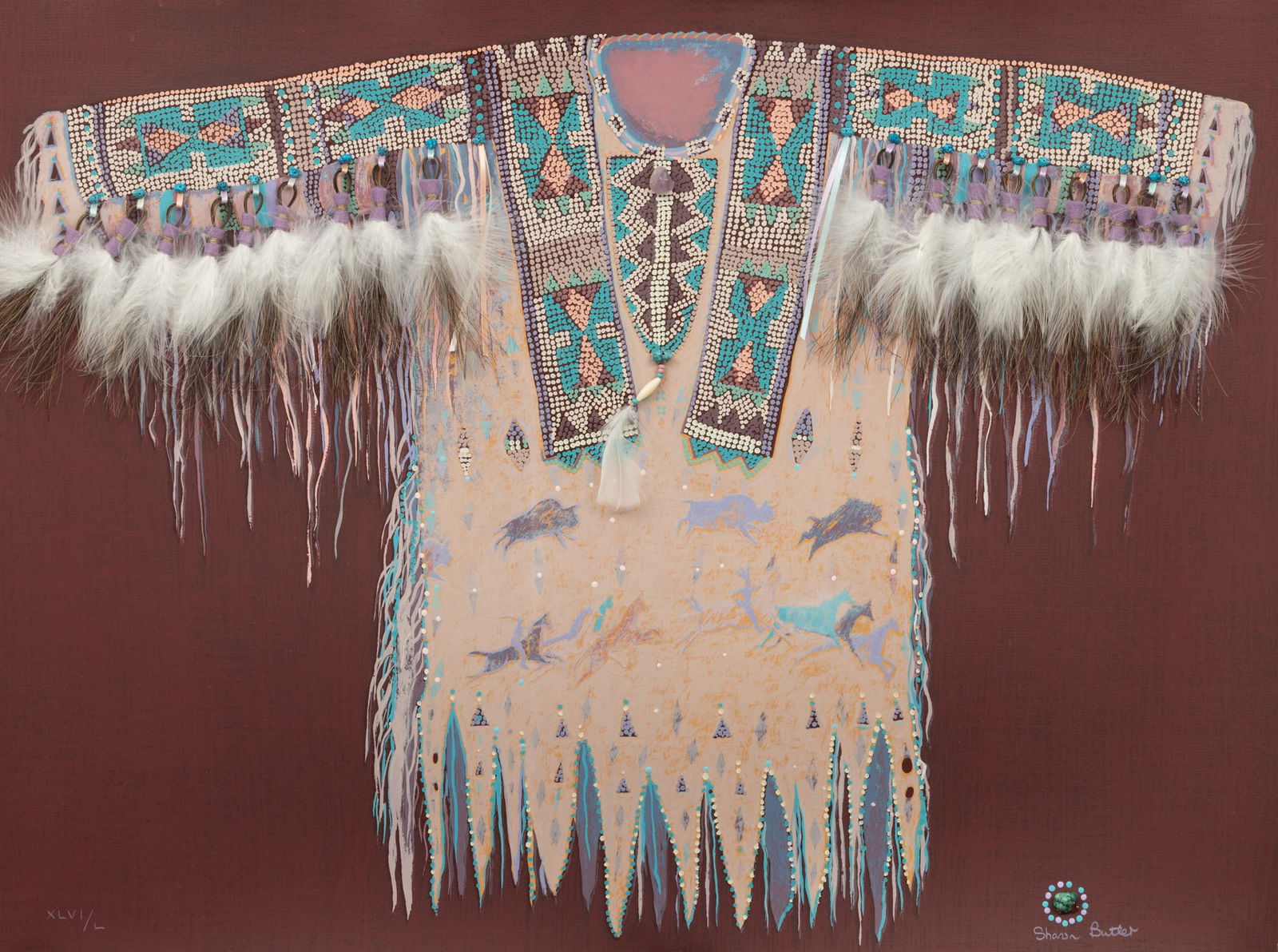 Sharon Butler (American, 20th C.) Serigraph with Mixed Media on Rag Paper, 1991, 'Visions of: Sharon Butler (American, 20th C.) Serigraph with Mixed Media on Rag Paper, 1991, 'Visions of Buffalo', H 23" W 30" Frame Size: H 31.5" W 38.75" Signed lower right with an edition of XLVI/L (46/50) in