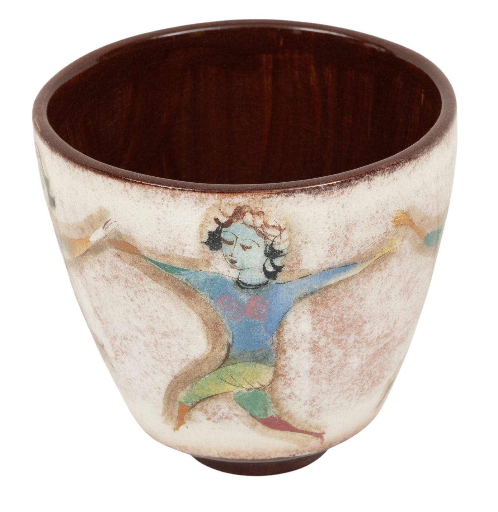 Polia Pillin (Polish/American, 1909-1992) Art Pottery Vase, Dance Themed, H 5" Dia. 5.25": Polia Pillin (Polish/American, 1909-1992) Art Pottery Vase, Dance Themed, H 5" Dia. 5.25" Signed on the underside. Polychrome glossy glaze with dancing female figures in the round. Brown glazed interi