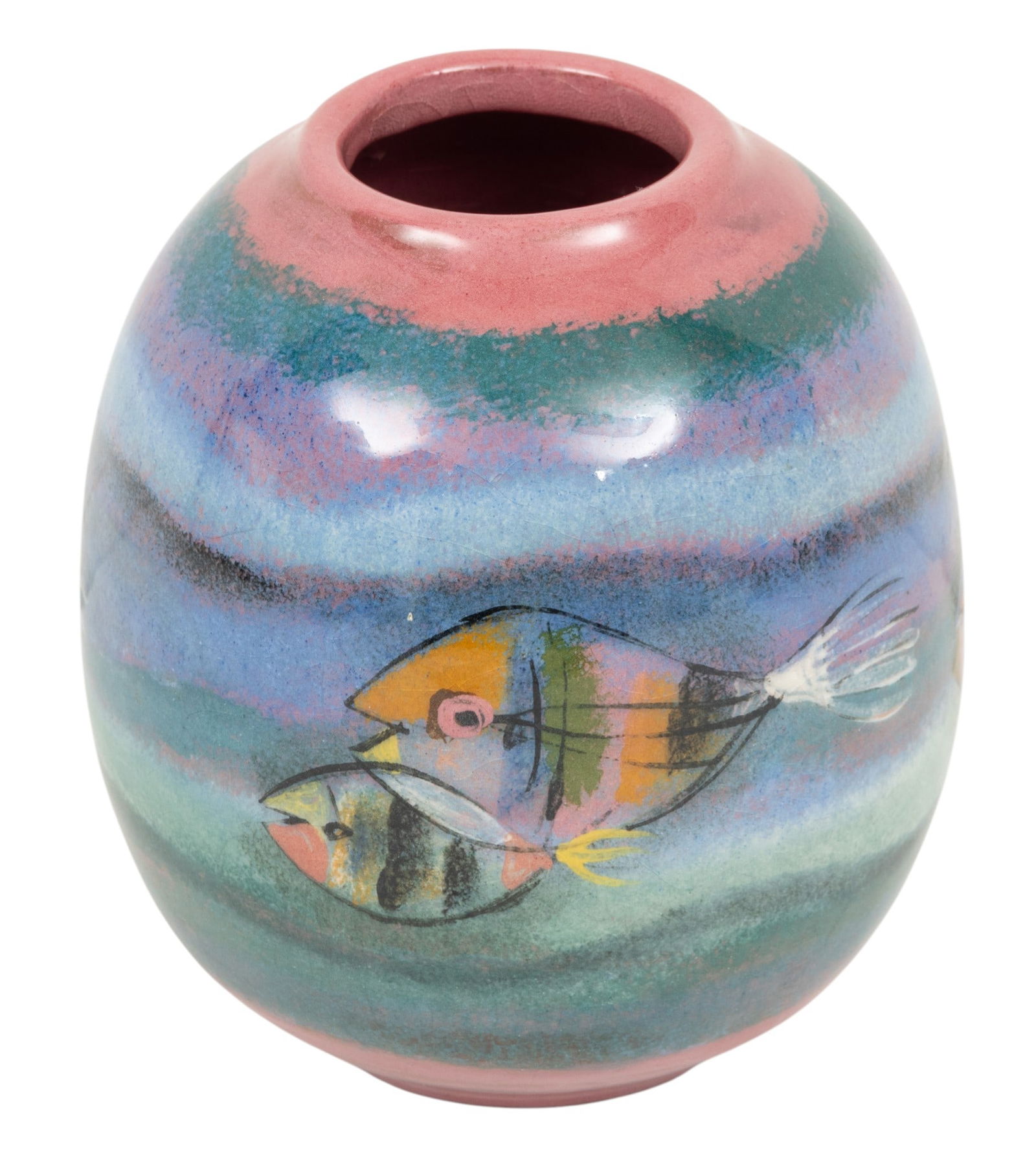 Polia Pillin (Polish/American, 1909-1992) Art Pottery Vase, Fish Themed, H 4.5" Dia. 4": Polia Pillin (Polish/American, 1909-1992) Art Pottery Vase, Fish Themed, H 4.5" Dia. 4" Signed on the underside. Polychrome glossy glaze with images of fish in the round. Provenance: Property f