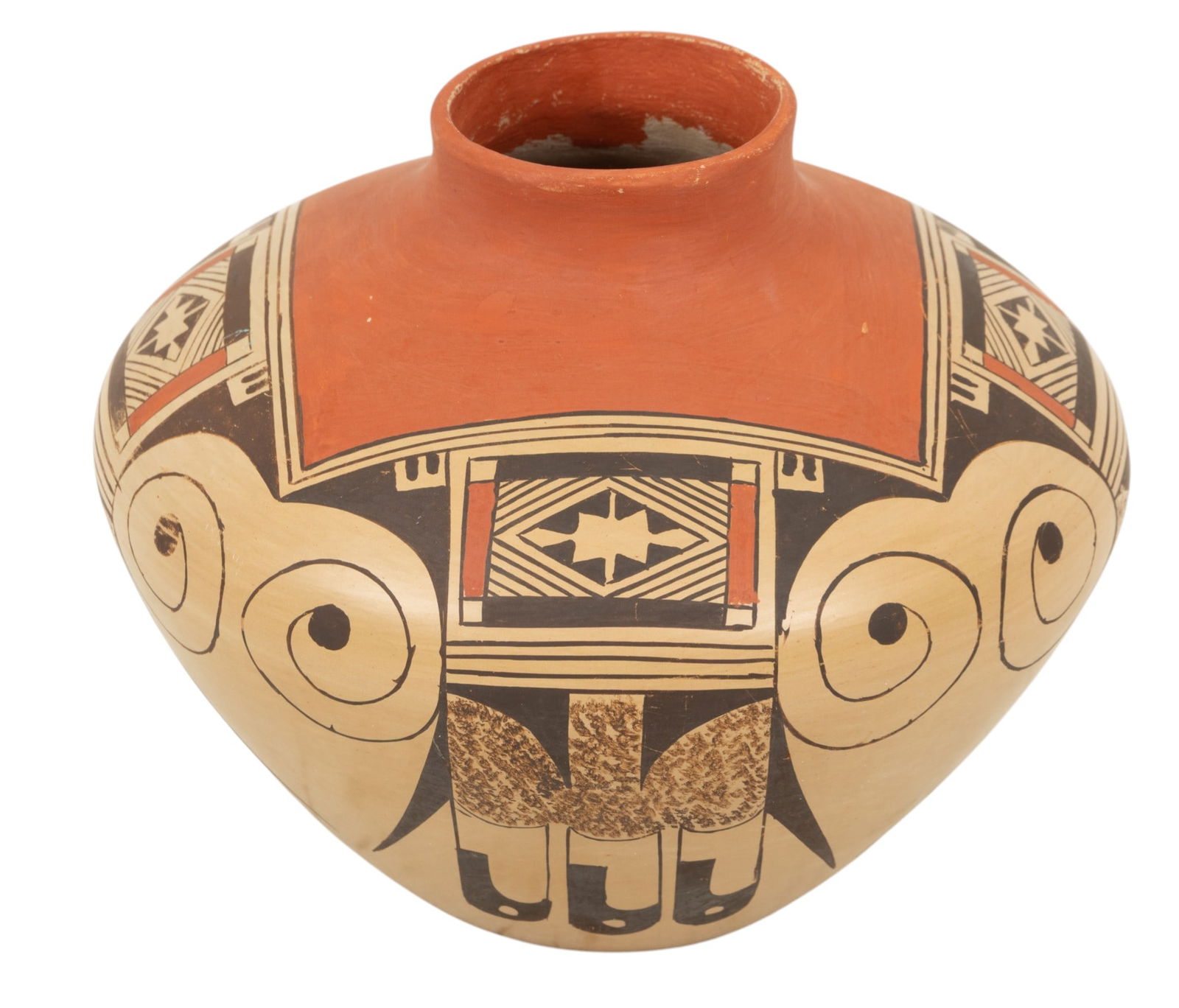 Clinton Polacca Nampeyo (American, Hopi Pueblo, Kachina Clan, 1958-2002) Pottery Bowl H 5.25" W 6.5": Clinton Polacca Nampeyo (American, Hopi Pueblo, Kachina Clan, 1958-2002) Pottery Bowl H 5.25" W 6.5" Featuring a hand painted design element of three owls. Signed on underside Clinton Polacca Nam