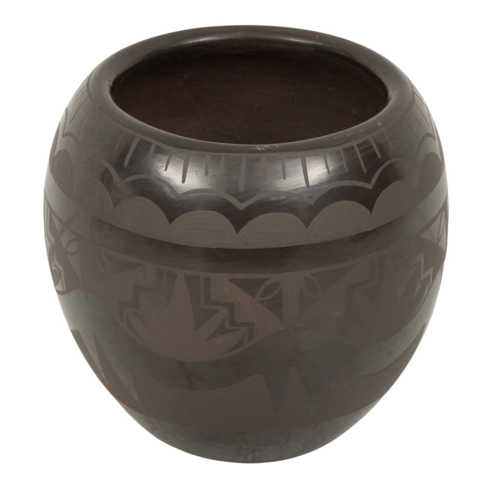 Ruben Rodriguez, Mexican 20th C. (Mata Ortiz and Casas Grandes) Polished Black on Black Pottery Bowl: Ruben Rodriguez, Mexican 20th C. (Mata Ortiz and Casas Grandes) Polished Black on Black Pottery Bowl H 2.5" Dia. 5.5" Embellished with three horizontal rows of lines and stylized squares. Signed on un