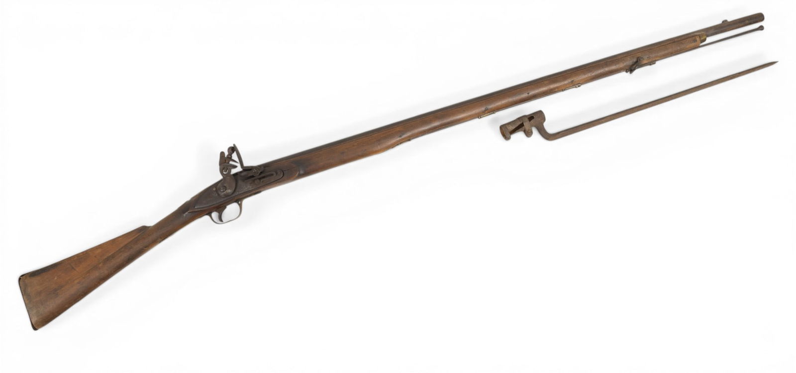 British Colonial Trade Flintlock Musket, Late 18th/early 19th C., L 56": British Colonial Trade Flintlock Musket, Late 18th/early 19th C., L 56" In an India Pattern Brown Bess style. Lock marked with an elephant and howdah, also marked Warranted. 39" smooth bore barre