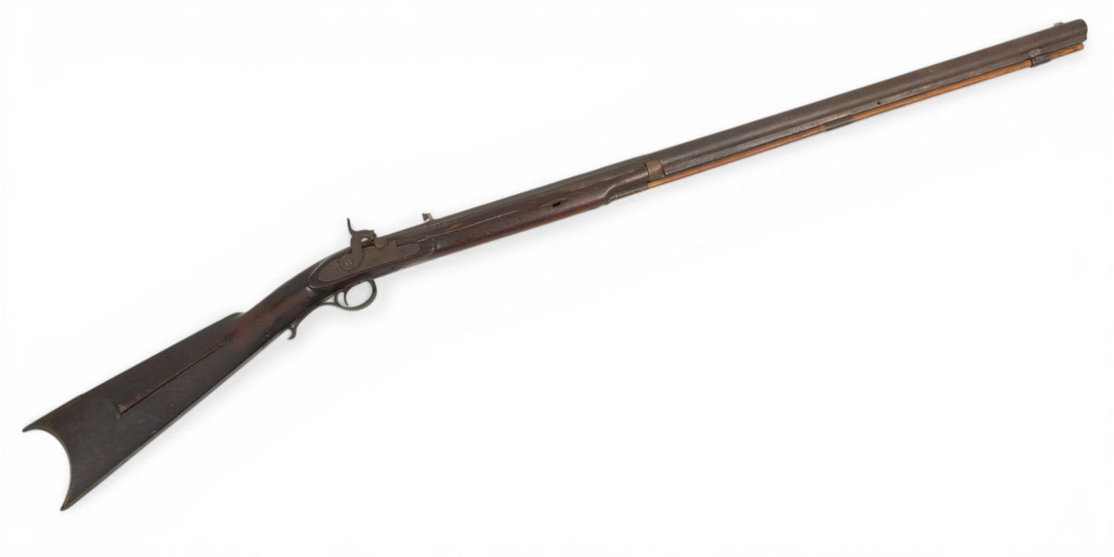 A.W. Spies (New York) Half Stock Percussion Cap Rifle, Ca. 1840-50, L 51": A.W. Spies (New York) Half Stock Percussion Cap Rifle, Ca. 1840-50, L 51" 34", 1/3 octagonal 2/3 cylindrical barrel. Straight rifled bored. Approximately 44 cal. (7/16" diameter). Mounted with a rear