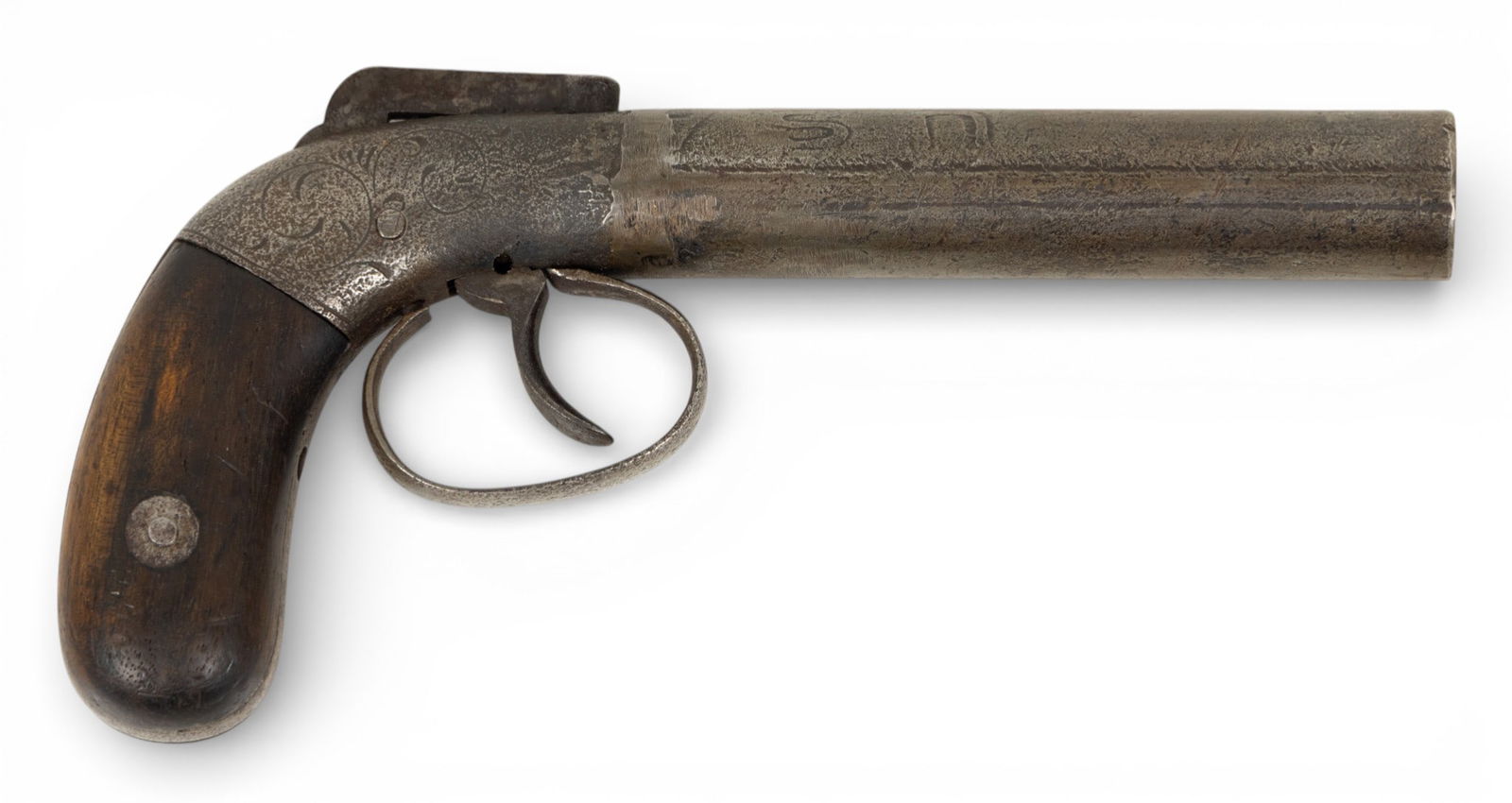 Ethan Allen Patent Bar Hammer Percussion Cap Boot Pistol, Ca. Mid 19th C., L 6.5": Ethan Allen Patent Bar Hammer Percussion Cap Boot Pistol, Ca. Mid 19th C., L 6.5" Double action boot pistol. Hammer marked Allens Patent. Scrolling leaf engraved lock. The standard screw-on barrel has