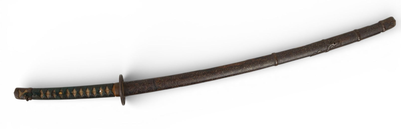 Japanese WW2 Era Shin-Gunto Officer's Sword, L 41": Japanese WW2 Era Shin-Gunto Officer's Sword, L 41" 29 1/2" single-edged machine made blade. Iron tsuba in a flower blossom design. Ray skin and fabric-wrapped grip. Small bamboo-design menuki with gil