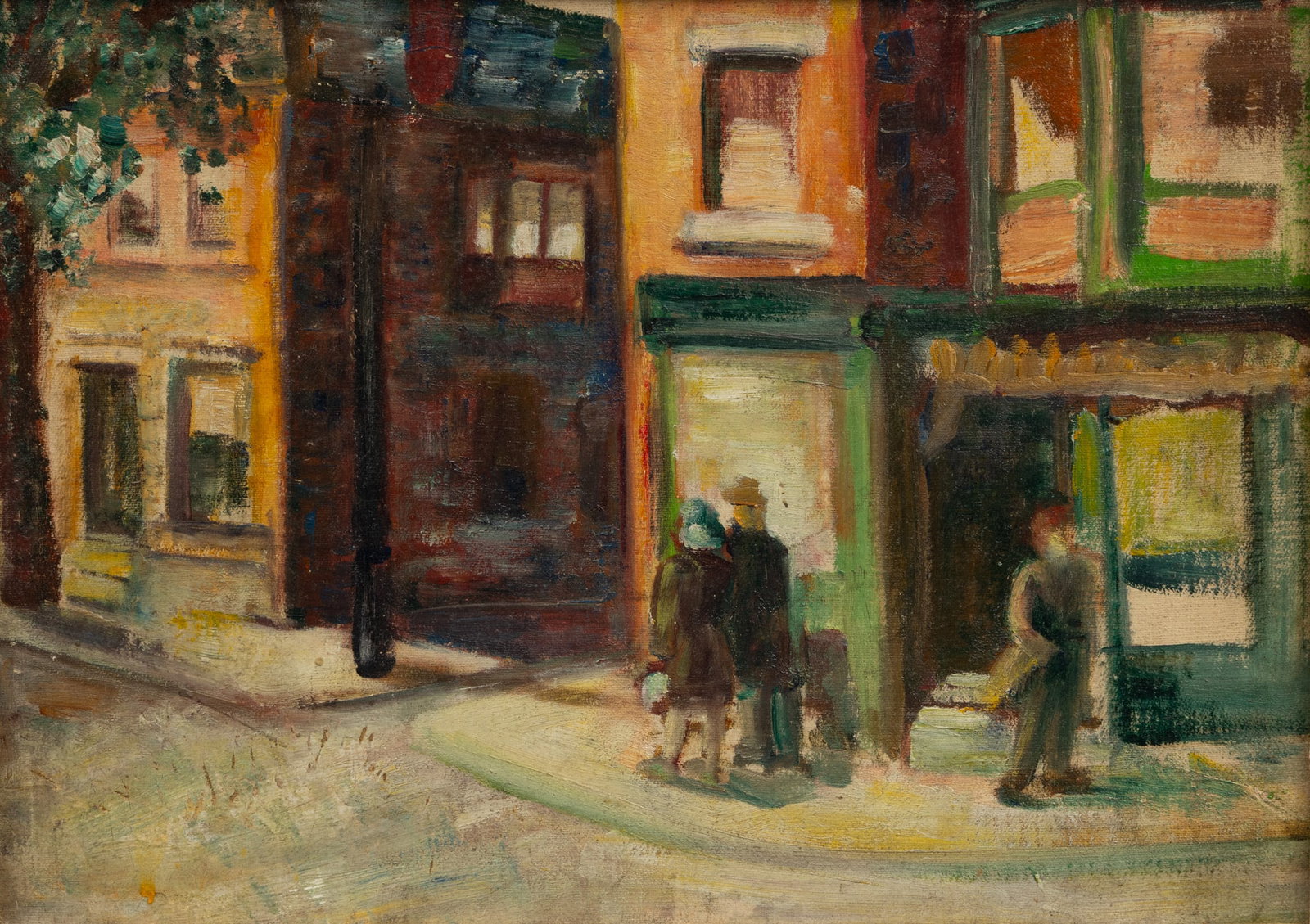 Oil on Board Early 20th C. City Street Scene, H 10.75" W 15": Oil on Board Early 20th C. City Street Scene, H 10.75" W 15" Unsigned. An Impressionist figural street scene. Label to verso Philadelphia Art Supply Co. Philadelphia, Pa. Solid mahogany frame. Provena