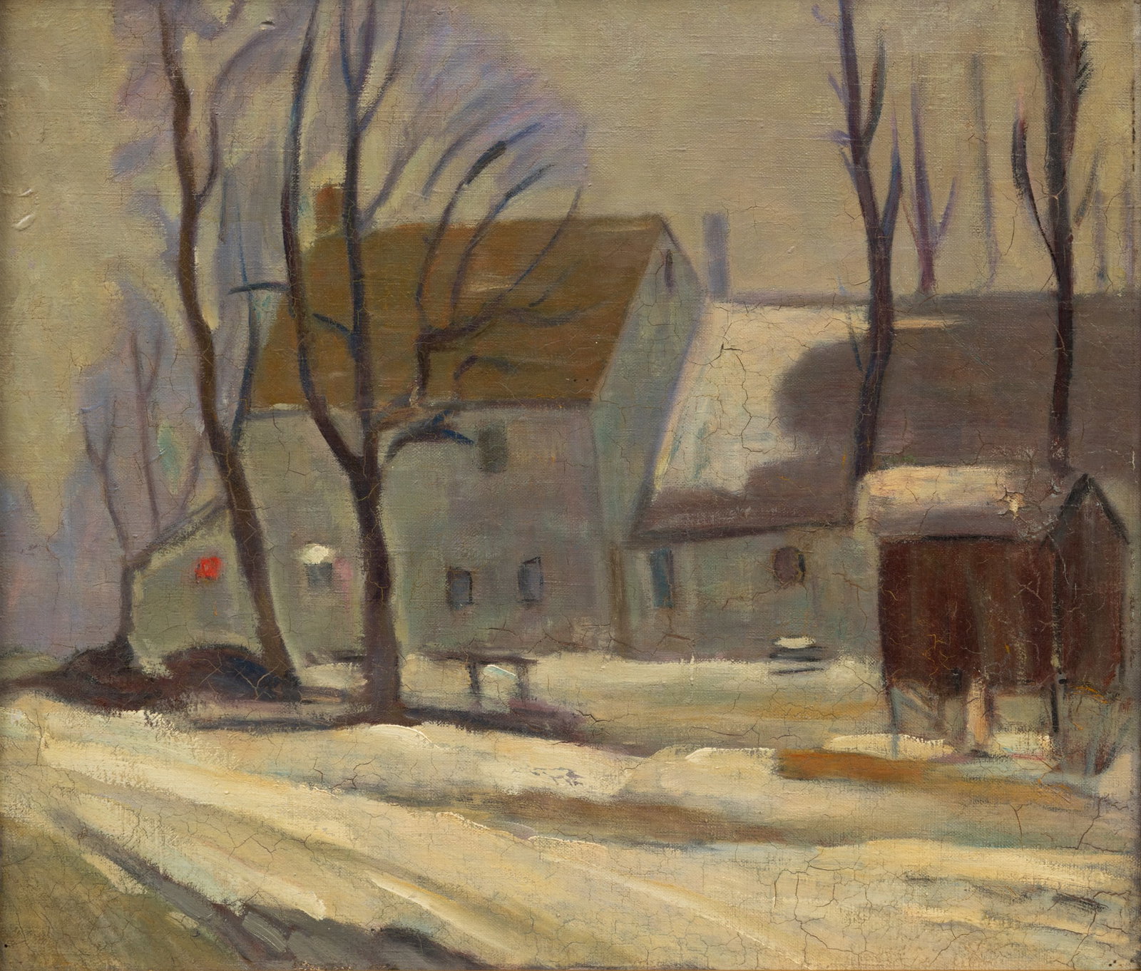 Oil on Canvas, Ca. 1940, 'Winter Scene', H 15.5" W 17.75": Oil on Canvas, Ca. 1940, 'Winter Scene', H 15.5" W 17.75" Not signed. Depicting a farmhouse on a winter's day surrounded by snow covered ground and trees.. Provenance: Proceeds to benefit a prominent