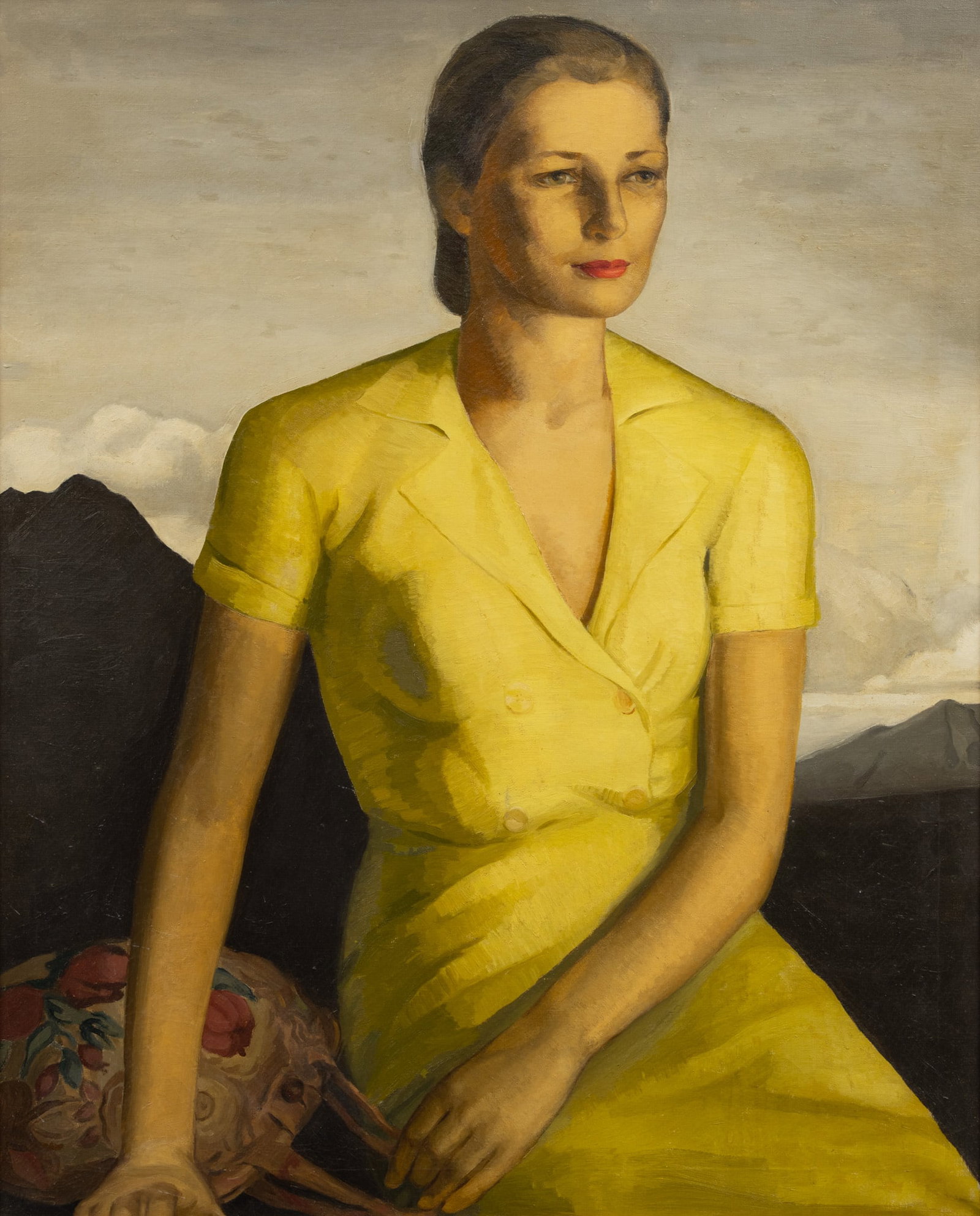 American Oil on Canvas, Ca. 1940, 'Portrait of a Woman', H 36" W 29": American Oil on Canvas, Ca. 1940, 'Portrait of a Woman', H 36" W 29" Unsigned. 3/4 length portrait of a young woman wearing a yellow shirtwaist dress. With hand bag next to her and a mountainous backg