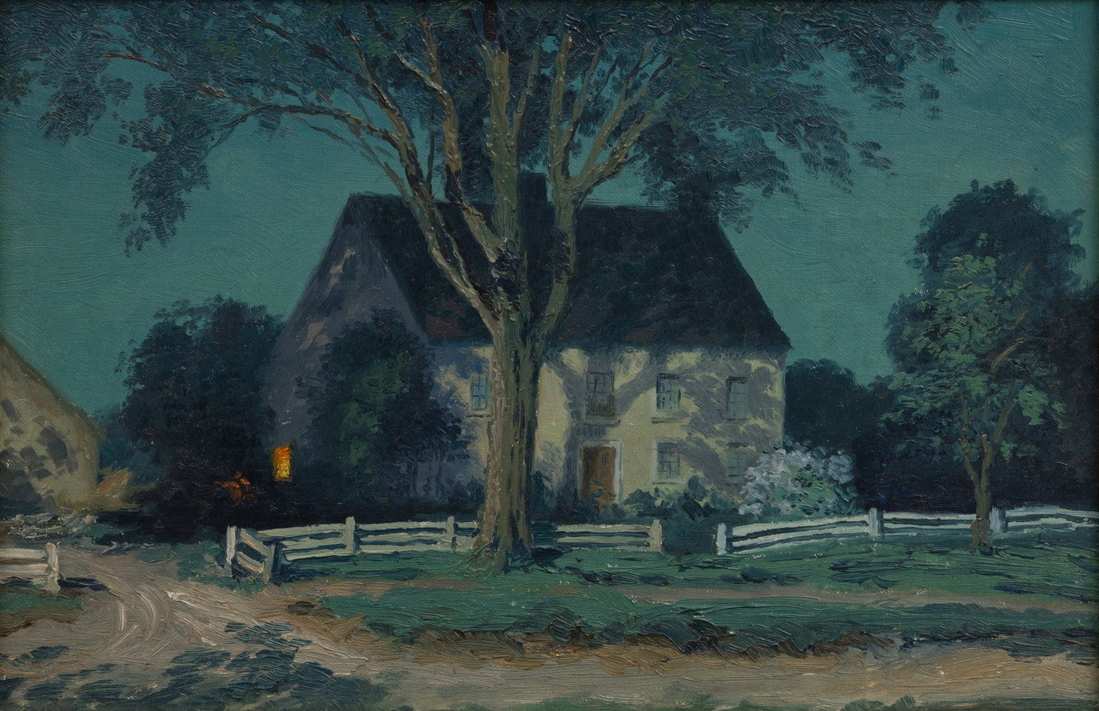 After Willard Leroy Metcalf Oil on Board 20th C., H 9.5" W 14.25": After Willard Leroy Metcalf Oil on Board 20th C., H 9.5" W 14.25" Unsigned. Reproduction of Willard Leroy Metcalf's "Old Homestead Connecticut". Provenance: Proceeds to benefit a prominent Michigan n