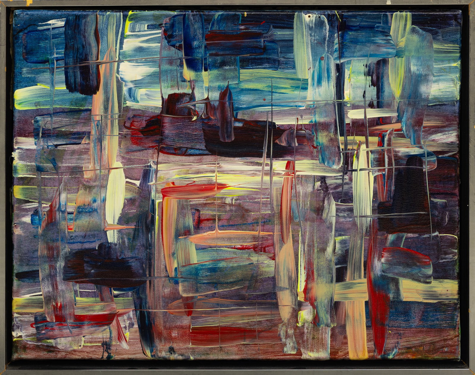 Acrylic on Canvas, Ca. Late 20th C. Abstract, H 16" W 20": Acrylic on Canvas, Ca. Late 20th C. Abstract, H 16" W 20" Unsigned. Vibrant polychrome abstract. Having a silvered and black frame. Provenance: Proceeds to benefit a prominent Michigan nonprofit arts