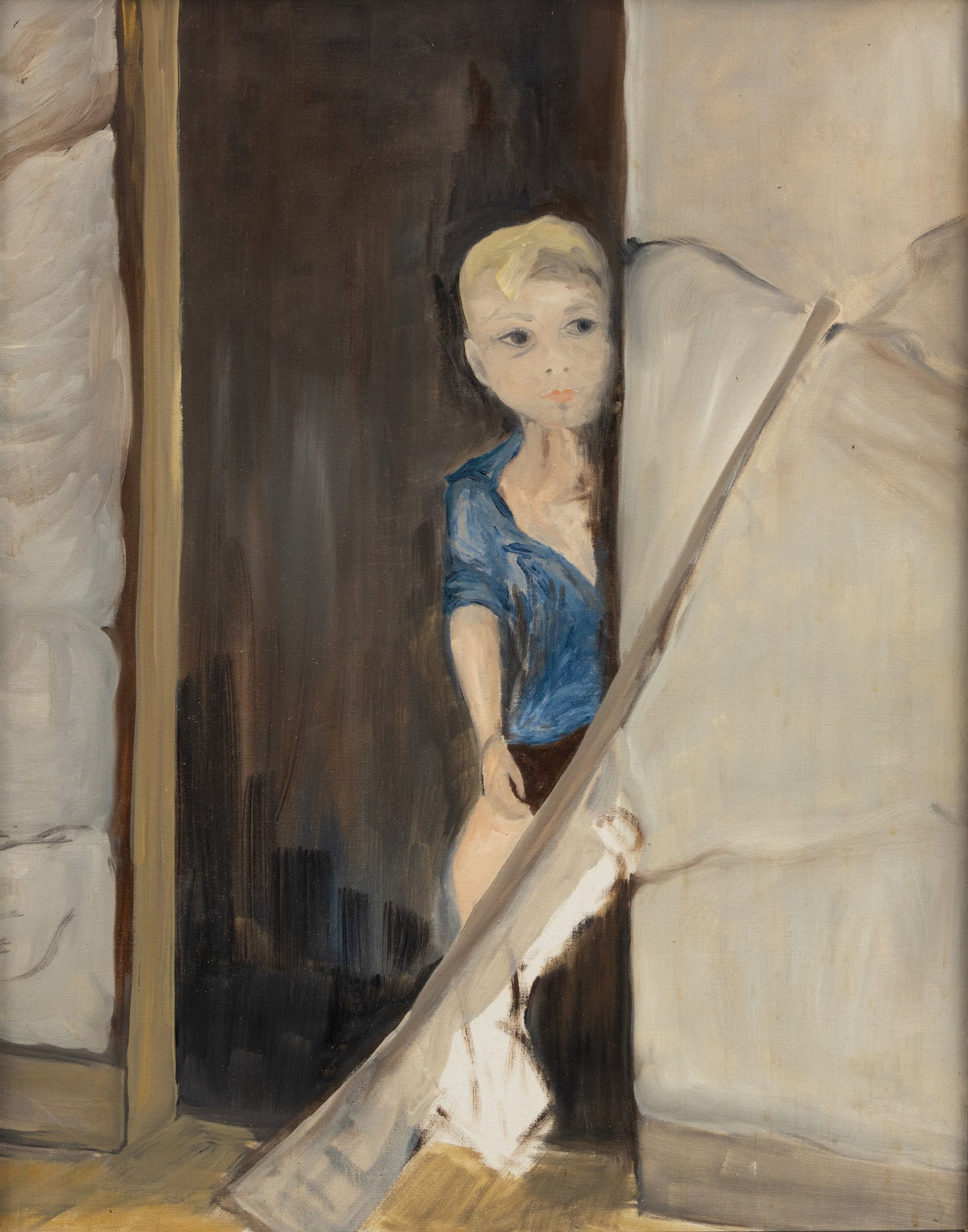 American Oil on Canvasboard, Ca. 1960-70, 'Young Boy in Doorway', H 28" W 22": American Oil on Canvasboard, Ca. 1960-70, 'Young Boy in Doorway', H 28" W 22" Unsigned. Oil sketch of a young boy peering out from a doorway. Having a modern painted wood frame. Provenance: Pro