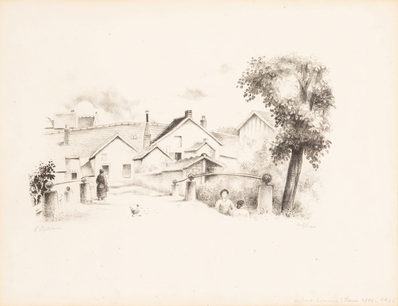 Robert Lotiron (French, 1886-1962) Lithograph on BFK Rives Paper 1950, 'L'entree Du Village', H: Robert Lotiron (French, 1886-1962) Lithograph on BFK Rives Paper 1950, 'L'entree Du Village', H 7.25" W 12.75" Signed in pencil lower left, numbered 63/120, with blindstamp in the lower right margin,