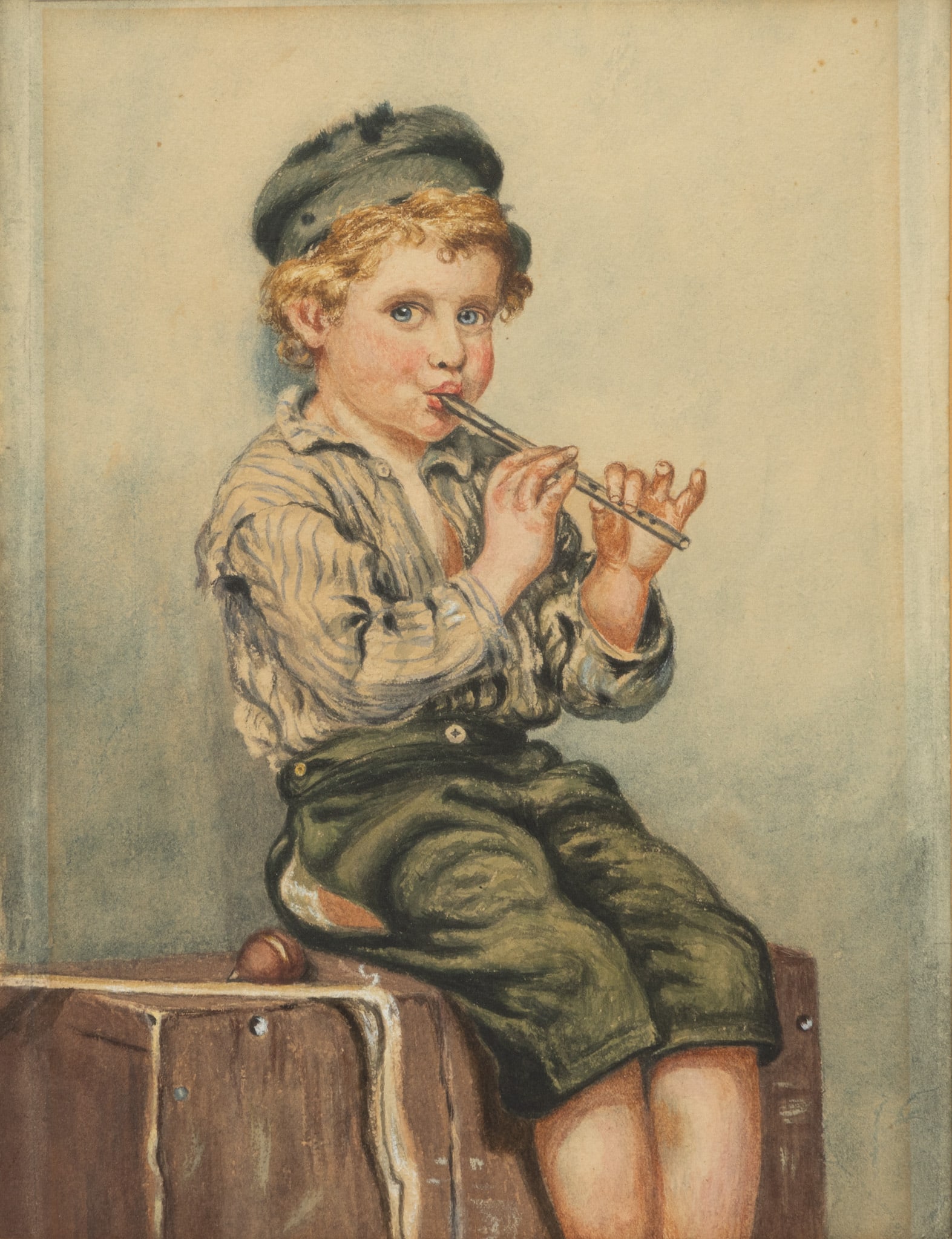 Watercolor Portrait, Boy with Flute 1920, H 11" W 8.5" Frame Size: H 20" W 17": Watercolor Portrait, Boy with Flute 1920, H 11" W 8.5" Frame Size: H 20" W 17" Appears not to be signed. 20" x 17" Framed. Provenance: Property of a Prominent Grosse Pointe, MI Collector Dimens