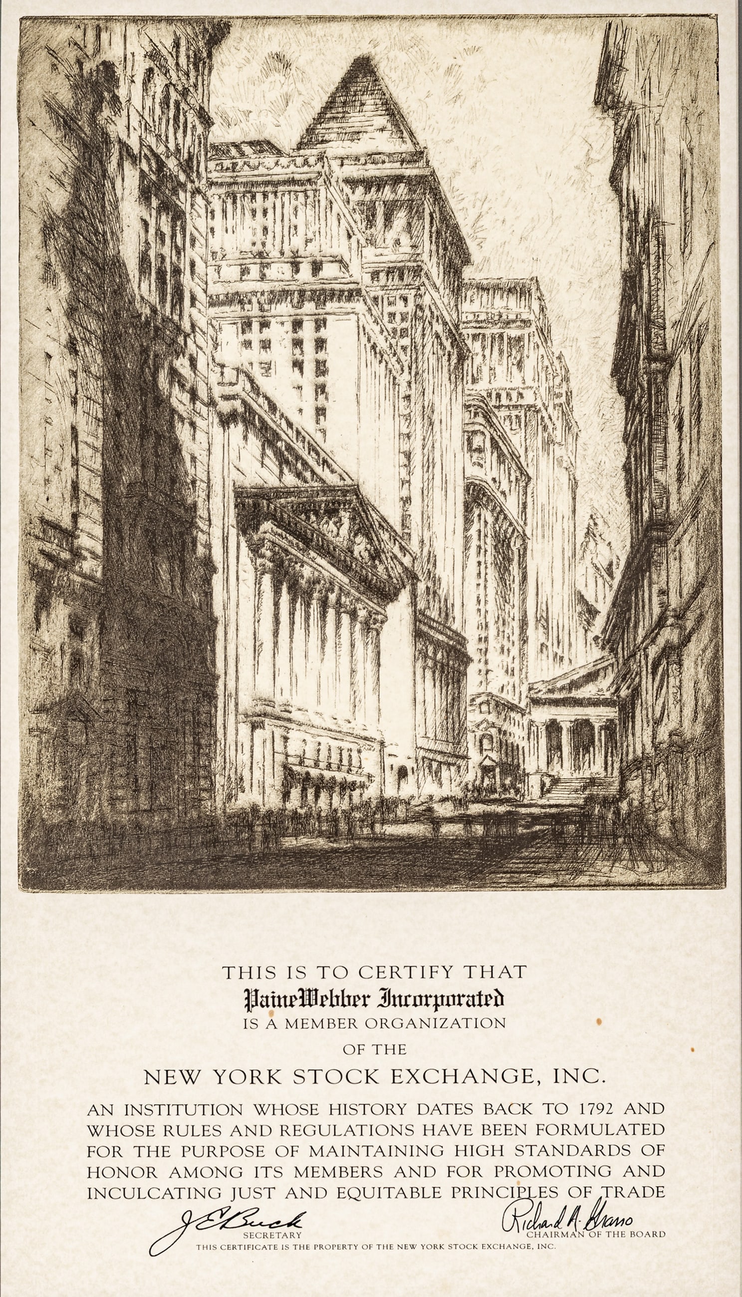 After Joseph Pennell (American, 1857-1926) Etching on Paper, New York Stock Exchange Membership: After Joseph Pennell (American, 1857-1926) Etching on Paper, New York Stock Exchange Membership Certificate, Ca. 1970s, H 17" W 9.5" Frame Size: H 29" W 21" Etching of the New York Stock Exchange by J