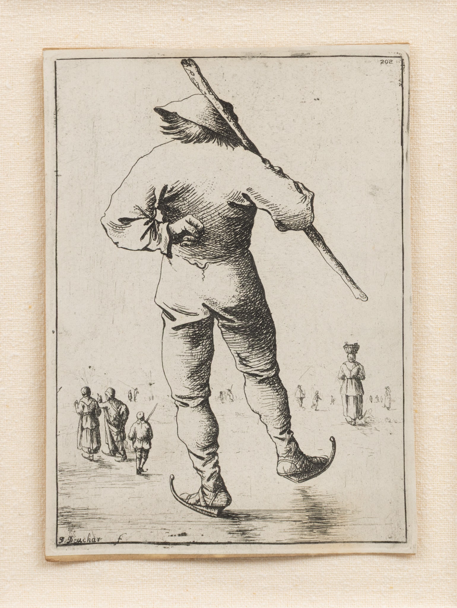 After David Duchar (British, 1743-1808) Etching on Laid Paper Late 18th C., 'Skater, After Bruegel',: After David Duchar (British, 1743-1808) Etching on Laid Paper Late 18th C., 'Skater, After Bruegel', H 5" W 3.5" Frame Size: H 15" W 11.75" Plate signed lower left. Depicting Dutch ice skaters on a fr