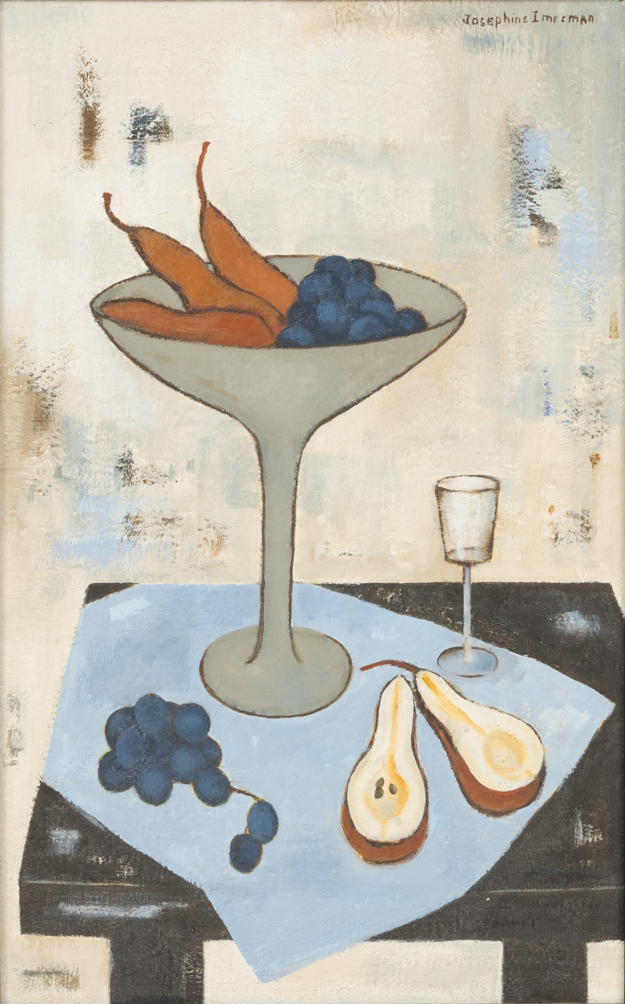 Josephine Imerman (American, 20th C.) Oil on Masonite, Ca. Mid 20th C., 'Still Life with Pears and: Josephine Imerman (American, 20th C.) Oil on Masonite, Ca. Mid 20th C., 'Still Life with Pears and Grapes', H 20.5" W 12.5" Signed upper left. A still life depicting pears and grapes on a table. Label