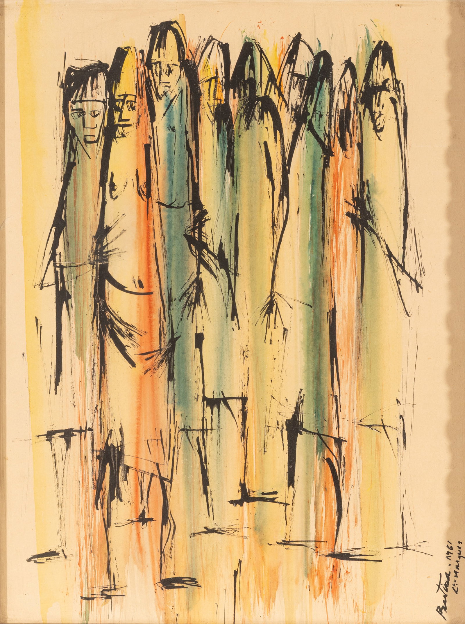 Watercolor on Paper, 1961, H 16" W 11.5": Watercolor on Paper, 1961, H 16" W 11.5" Illegibly signed, dated 1961. Group of standing figures. Framed under glass. Provenance: Property from a Chicago, IL private collector. Dimensions: H 16