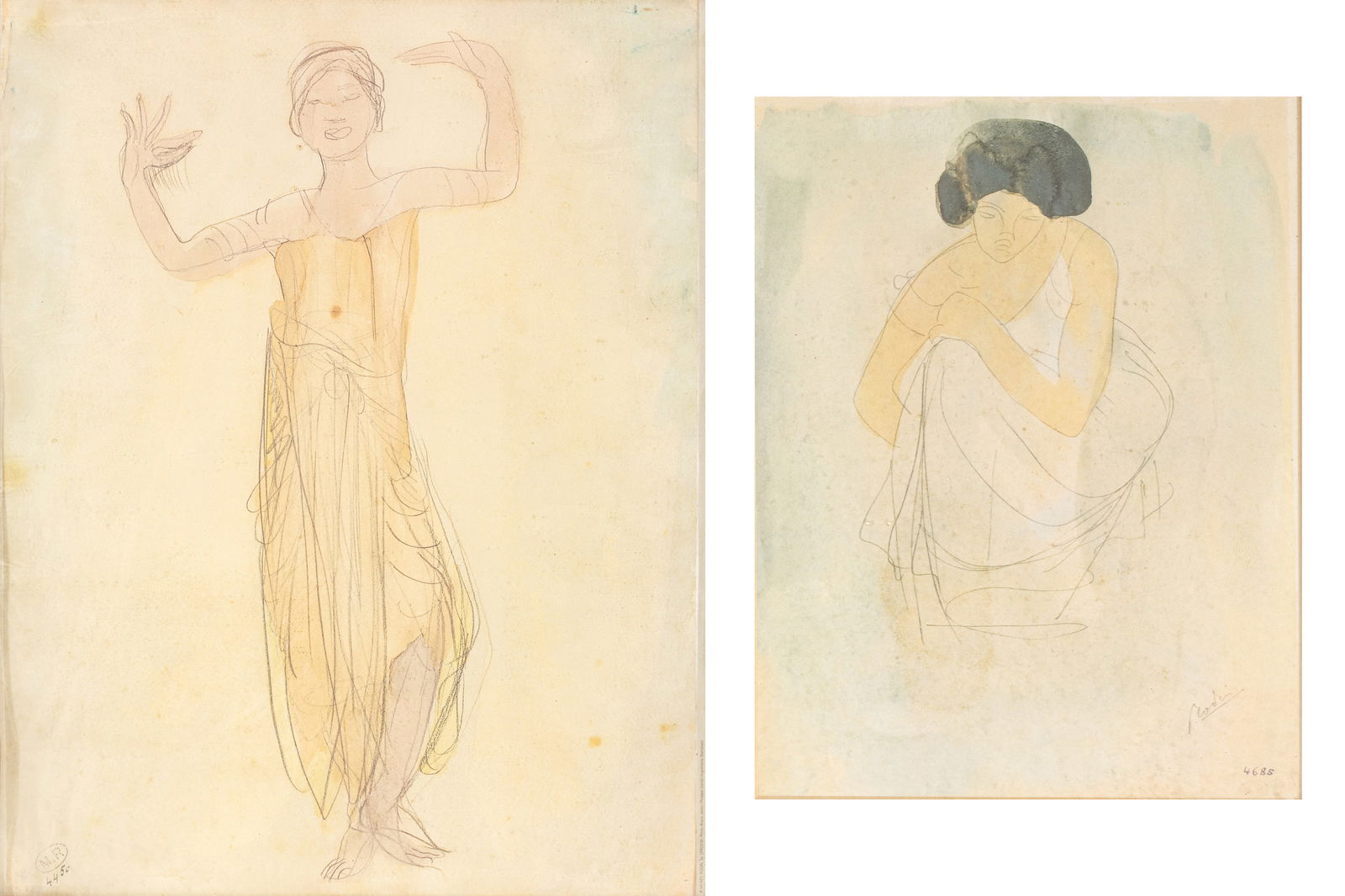 After Auguste Rodin (French, 1840-1917) Offset Reproduction Prints 'Douze Aquarelles Inedites De: After Auguste Rodin (French, 1840-1917) Offset Reproduction Prints 'Douze Aquarelles Inedites De Rodin: Two Works', H 19.5" W 16" 2 PCS Provenance: Property from the collection of renowned American c