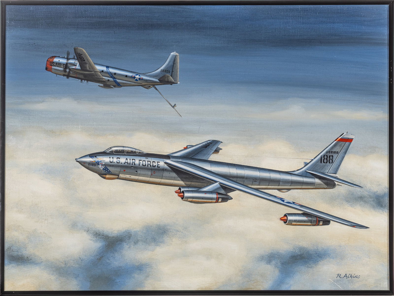 Robert G. Aikins (American/Detroit, 20th/21st C.) Oil on Canvas, Ca. 2005, 'All Topped Off', H 18" W: Robert G. Aikins (American/Detroit, 20th/21st C.) Oil on Canvas, Ca. 2005, 'All Topped Off', H 18" W 24" Signed lower right. Inscribed and dated 03/05 verso. Depicting a B 47-E in flight after airborn