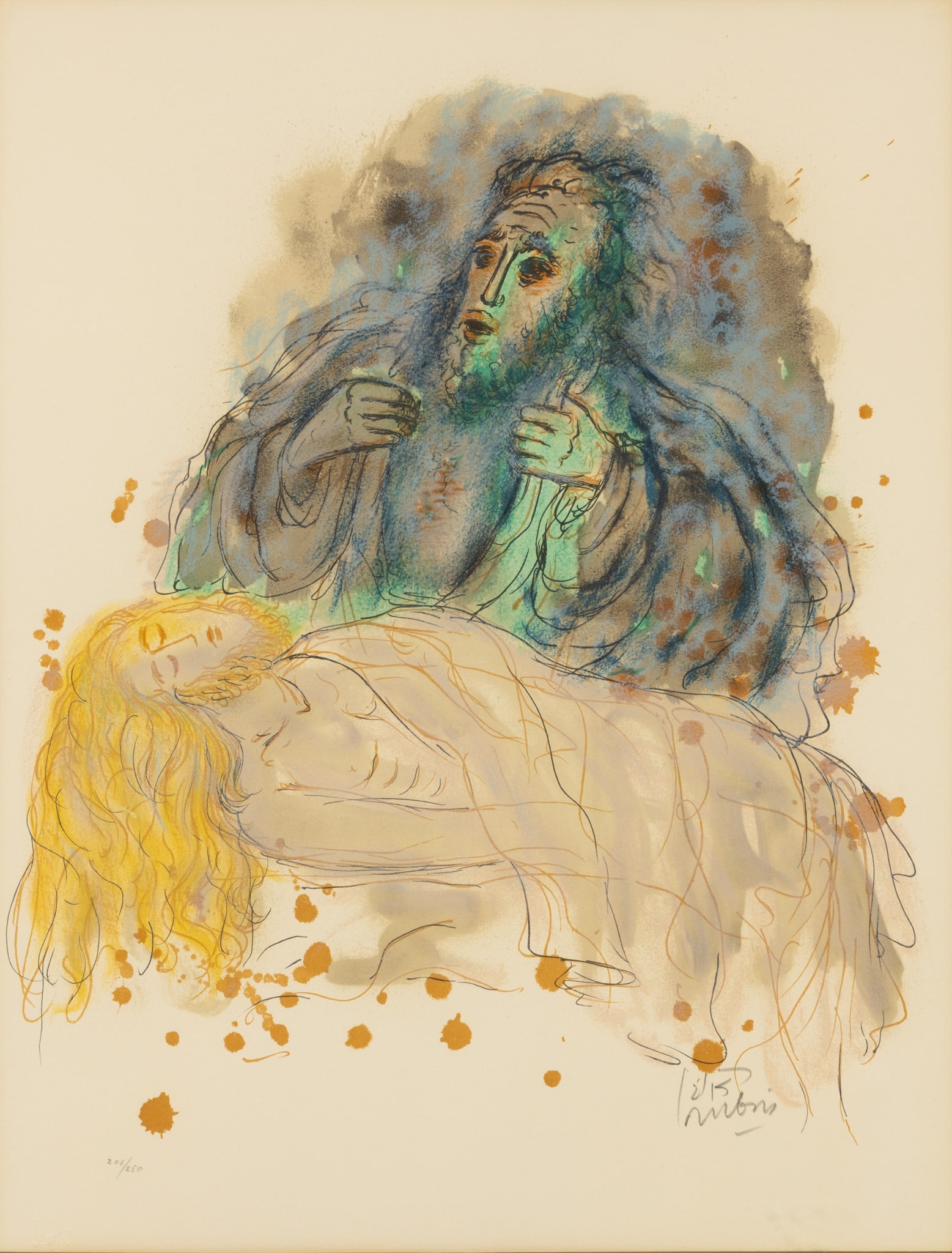 Reuven Rubin (Romanian/Israeli, 1893-1974) Lithograph in Colors, 'Abraham and Isaac, from the Story: Reuven Rubin (Romanian/Israeli, 1893-1974) Lithograph in Colors, 'Abraham and Isaac, from the Story of David Portfolio', H 24" W 18" Pencil signed lower right with an edition of 206/250 lower left. Ma