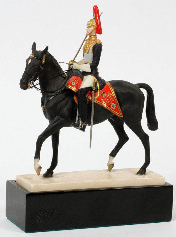 ROYAL WORCESTER 'ROYAL HORSE GUARDS'by LINDNER: ROYAL WORCESTER, 'ROYAL HORSE GUARDS', BY DORIS LINDNER, H 7", W 9":Royal Worcester mounted figure depicts a member of the 'Royal Horse Guard' on a black horse, designed and signed by Doris Lindner. M