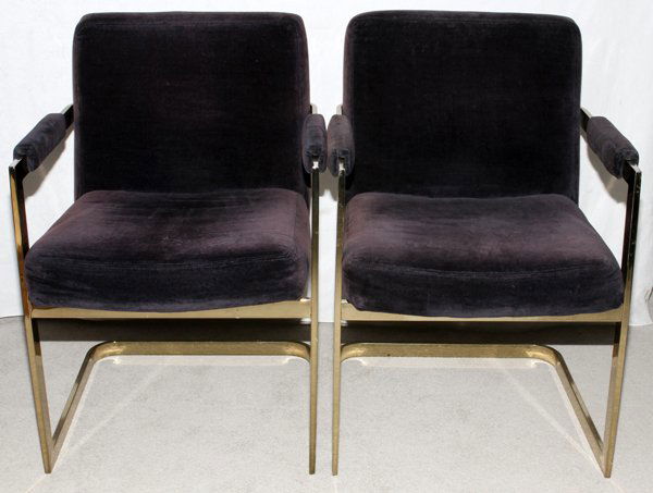 MILO BAUGHMAN, THAYER COGGIN, CHROME ARM CHAIRS: MILO BAUGHMAN, THAYER COGGIN, CHROME AND VELVET UPHOLSTERED ARM CHAIRS, PAIR:Thayer Coggin furniture designed by Milo Baughman, contemporary arm chairs. Chrome frames with purple, crushed velvet uphol