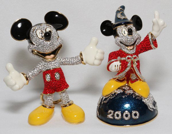 SWAROVSKI CRYSTAL, ARRIBAS, DISNEY MICKEY MOUSE: SWAROVSKI CRYSTAL, ARRIBAS, DISNEY FIGURES OF MICKEY MOUSE, TWO PCS., H 5":includes one "Millennium Mickey Sorcerer 2000" figure and Mickey Mouse from "Fab Five Inaugural Set" dressed in red shorts an