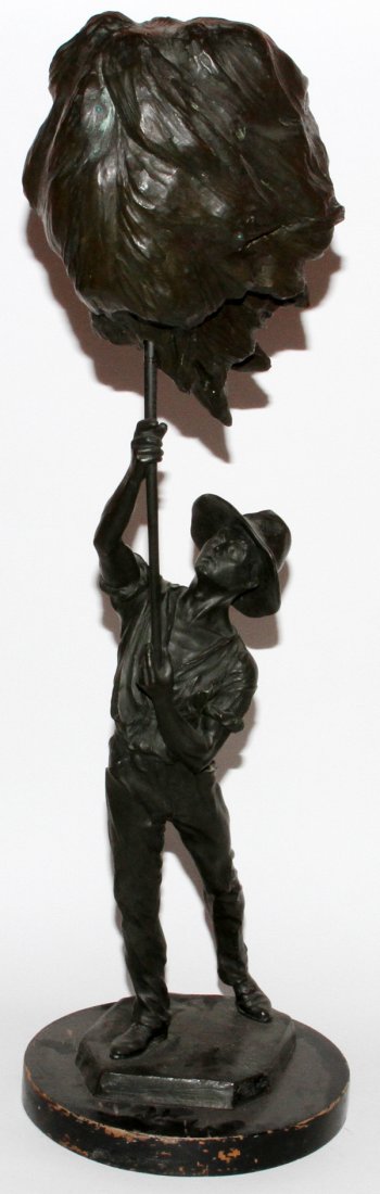 AUGUST HAGEN BRONZE SCULPTURE, 1901 41"H FARMER: AUGUST HAGEN (GERMAN), BRONZE SCULPTURE, 1901 H 41", W 15", FARMER:Signed "A. Hagen, Siegen 1901", dark green patina. Siegen is a town in North Germany. Depicts man with pitchfork full of hay.