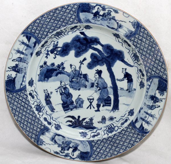CHINESE BLUE & WHITE PORCELAIN CHARGER, 19TH C.,: CHINESE BLUE & WHITE PORCELAIN CHARGER, 19TH C., DIA 15 1/2":Decorated with five musicians beneath a tree, diapered border with four figural reserves. From the Estate of Charles Chevalier, Mt Clemens,