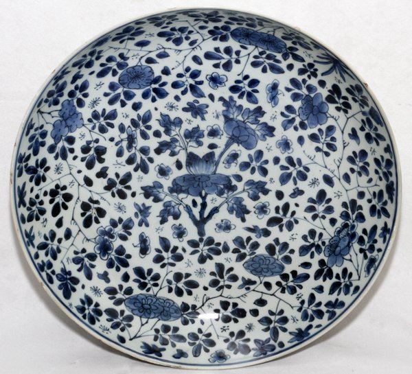 CHINESE BLUE & WHITE PORCELAIN BOWL, DIA 14": CHINESE BLUE & WHITE PORCELAIN BOWL, DIA 14":Overall floral pattern. From the Estate of Charles Chevalier, Mt Clemens, Mich.