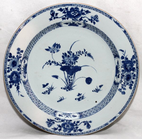 CHINESE BLUE & WHITE PORCELAIN CHARGER: CHINESE BLUE & WHITE PORCELAIN CHARGER, DIA 15 1/2":A floral spray at the well, diapered cavetto and rim, bordered by floral sprays. From the Estate of Charles Chevalier, Mt Clemens, Mich.