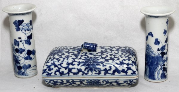CHINESE BLUE & WHITE PORCELAIN VASES & A BOX: CHINESE BLUE & WHITE PORCELAIN VASES, TWO, H 6", & A BOX, L 7" X 4 1/2":One vase is stamped "China" in red, the box is signed at the underside (see photo). From the Estate of Charles Chevalier, Mt Cle