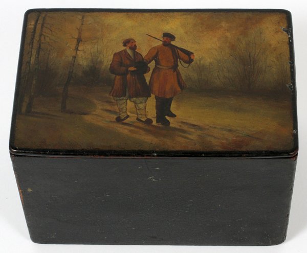 RUSSIAN PAPIER MACHE BOX, LATE 19TH C., H 4": RUSSIAN PAPIER MACHE BOX, LATE 19TH C., H 4", L 5 3/4":Rectangular box with hinged cover hand decorated with two hunters walking a path. Measures H.4" x 5 3/4" x 3 3/4". From the collection of Victor 