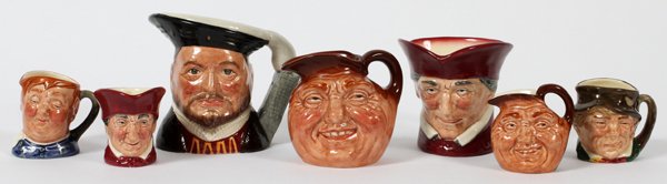 ROYAL DOULTON TOBY MUGS, SEVEN: ROYAL DOULTON TOBY MUGS, SEVEN:Including: "Henry VIII" D6647 H 4", "The Cardinal" D6258 H 3 1/4" and H 2", "Fat Boy" D6142 H 2 1/4", "John Barleycorn Old Lad" H 3" and 2 1/4" and "Paddy" H 2 1/4".