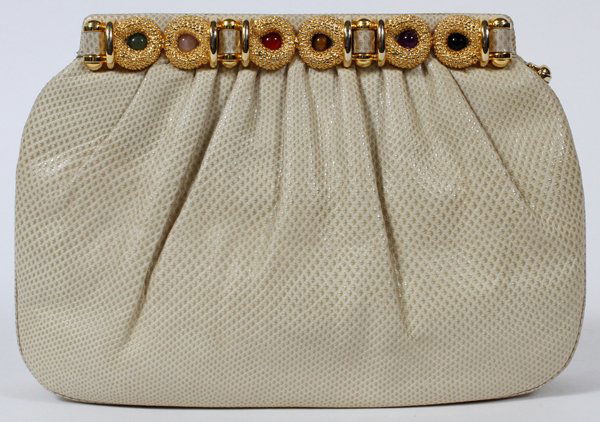 JUDITH LEIBER BEIGE LIZARDSKIN EVENING BAG: JUDITH LEIBER BEIGE LIZARDSKIN EVENING BAG, W 9 3/4":Gold tone frame set with multicolor cabochons, opening to ivory silk lining and lizardskin shoulder strap. Stamped: Judith Leiber. Measures W.9 3/4
