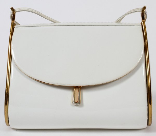 JUDITH LEIBER WHITE PATENT LEATHER SHOULDER BAG: JUDITH LEIBER WHITE PATENT LEATHER SHOULDER BAG, W 6 3/4", FOR SAKS FIFTH AVENUE:Gold tone hardware, opening to tan silk lining, white leather shoulder strap. Stamped: Judith Leiber, Saks Fifth Avenue