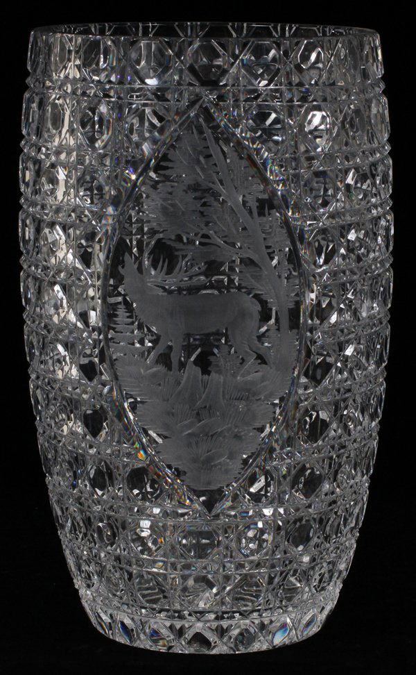 CUT & ETCHED CRYSTAL VASE, C. 1950, H 10": CUT & ETCHED CRYSTAL VASE, C. 1950, H 10", DIA 5 1/2":Oblong panel etched with stag motif, cut cane pattern overall. From the collection of Victor Tahill.