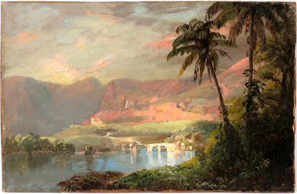 FREDERIC EDWIN CHURCH OIL, TROPICAL LANDSCAPE: FREDERIC EDWIN CHURCH [AMERICAN 1826-1900], OIL ON PAPER ON BOARD, 9 5/8" X 15", TROPICAL LANDSCAPE: Unsigned landscape from direct descendants of Frederic E. Church's estate. From Olana Estate to Fre