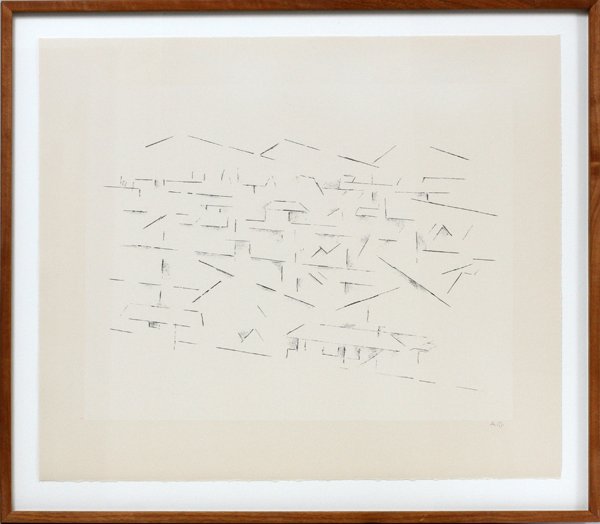 ANDREW MICHAEL DASBURG LITHOGRAPH ABSTRACT CITY: ANDREW MICHAEL DASBURG (US 1887-1979), LITHOGRAPH, 15" X 20", ABSTRACT CITY SCENE WITH MOUNTAINS:Pencil initialed; framed.