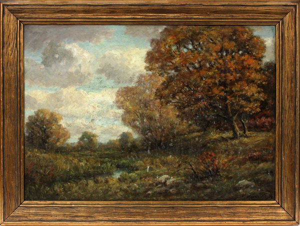 ARCHIE PALMER WIGLE OIL ON MASONITE, LANDSCAPE: ARCHIE PALMER WIGLE, OIL ON MASONITE, 19" X 27", AUTUMN LANDSCAPE:Signed lower right; period gilt frame. Circa 1940. Scene with birch trees. Wigle, American 1881 - 1969. From the Estate of Nellie Rhoa