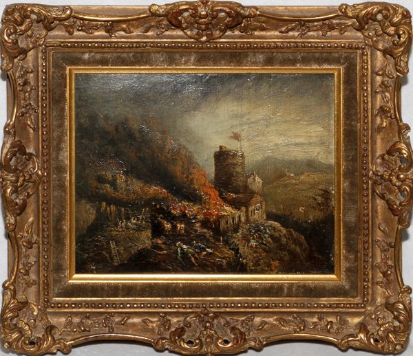 J.C. MOORE, OIL ON ARTIST BOARD "A BORDER RAID": J.C. MOORE, OIL ON ARTIST BOARD, "A BORDER RAID", C. 1877- 1900, 6" X 7 1/2":Signed lower left; signed and titled on verso. From the Estate of Charles Chevalier, Mt Clemens, Mi.